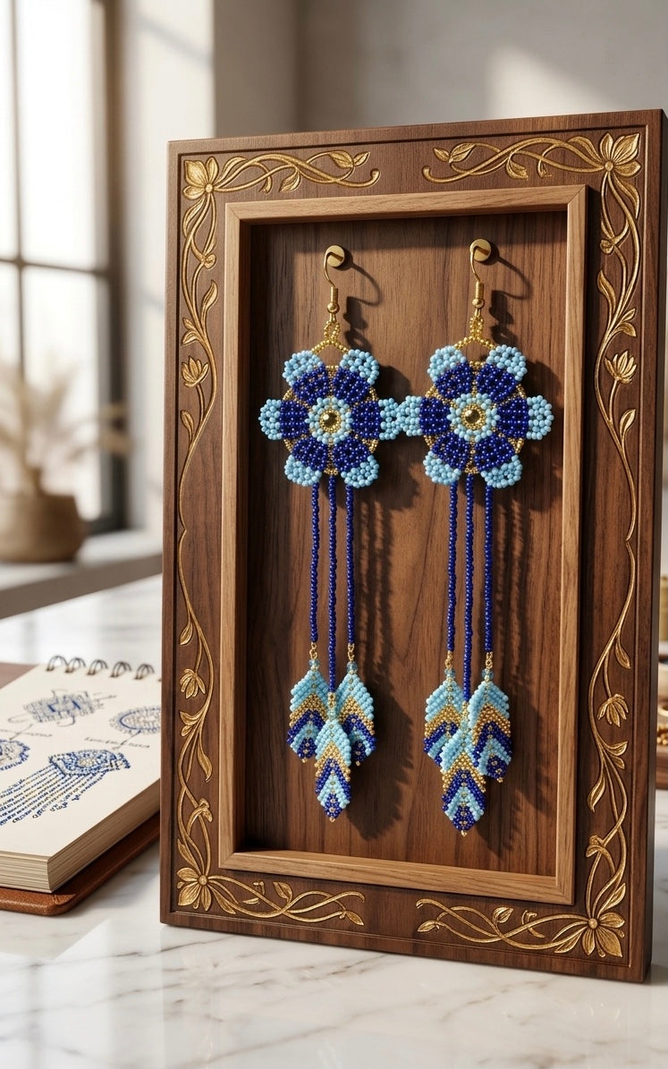 Sun Feather Bloom Beaded Earrings- celest/gold