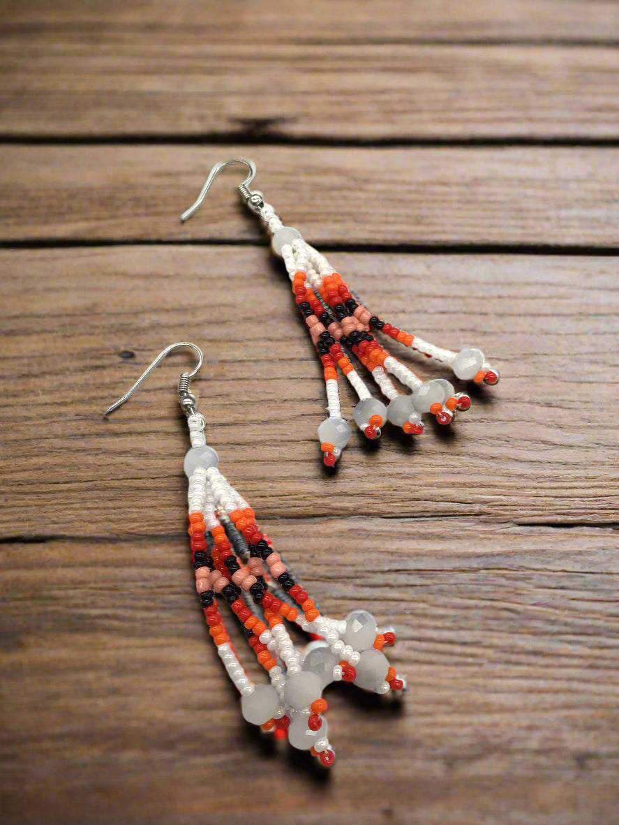 White Six-Strand Beaded Cascade Earrings