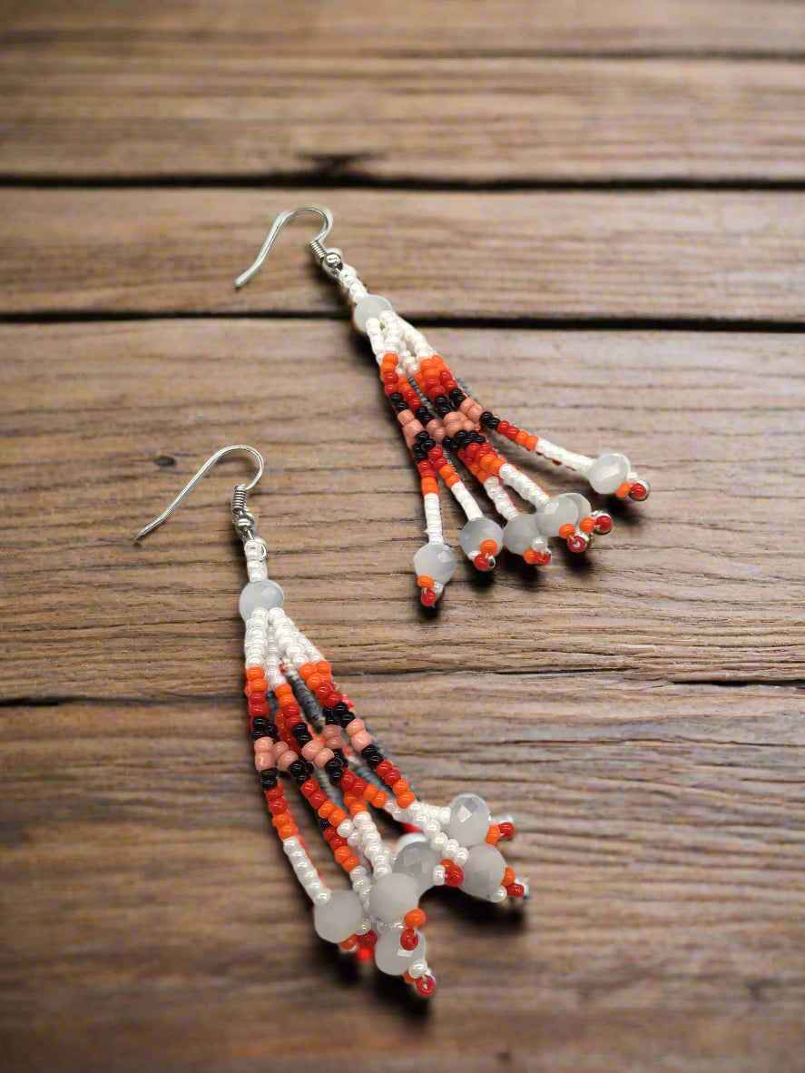 White Six-Strand Beaded Cascade Earrings