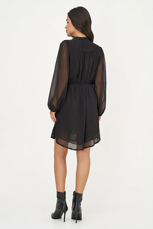 Women's Woven V-Neck Dress, Long Sleeves & Removable String Belt