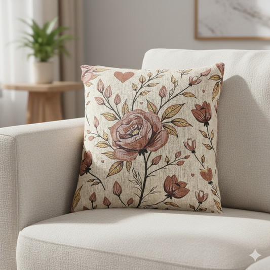 Vintage Pink Rose Woven Pillow | Floral Tapestry Cushion, Cottagecore Decor - AURABAGS SHOP