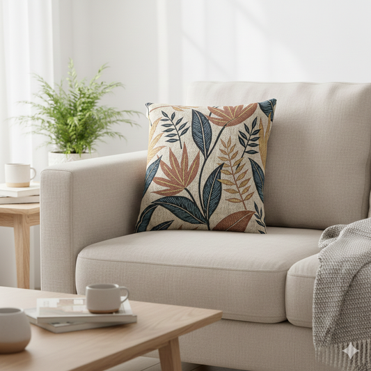 Tropical Leaf Pattern Woven Pillow | Botanical Throw Pillow, Neutral Blue Rust Design - AURABAGS SHOP