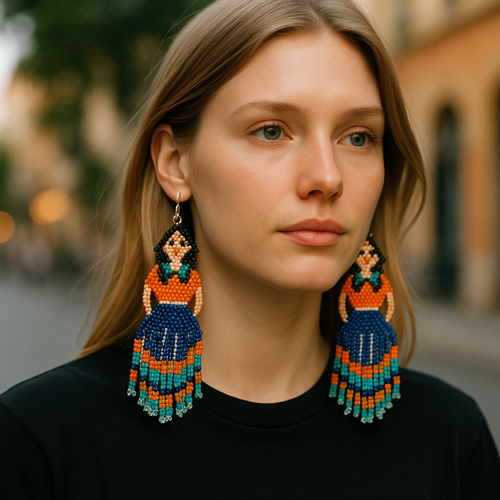 Blue Orange Beaded Ribbon Skirt Dancer Earrings