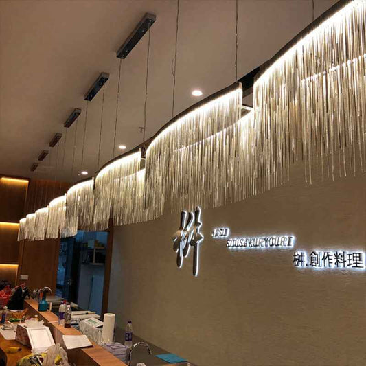 Personalized Minimalist Chandelier – Modern Silver Aluminum Pendant Light with Tassel Design for Dining & Living Room