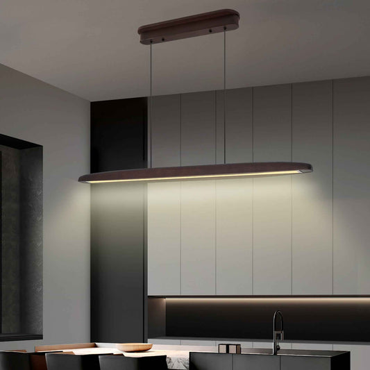 39 Inch Streamline Wooden LED Pendant Light With Remote Control, Adjustable Hanging Light For Dining Room, Kitchen, Living Room Contemporary Walnut Wood Finish (United States Delivery Only)