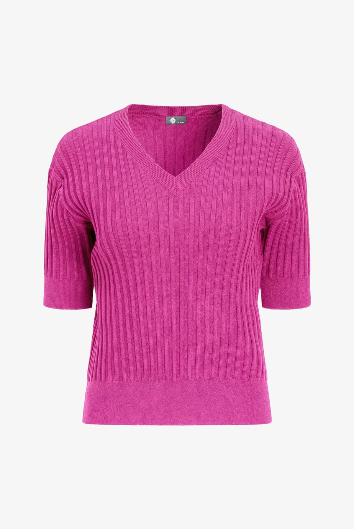 Women's Rib-Knit V-Neck Sweater with Elbow-Length Sleeves