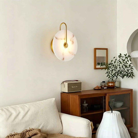 Round Alabaster Wall Sconce, Natural Marble Lampshade Wall Sconce, Hardwired Circular Sconce LED Modern Wall Lamp for Bedroom, Stairs, Living Room, Bedside, Hallway 9.8 Inch Gold (United States Delivery Only)