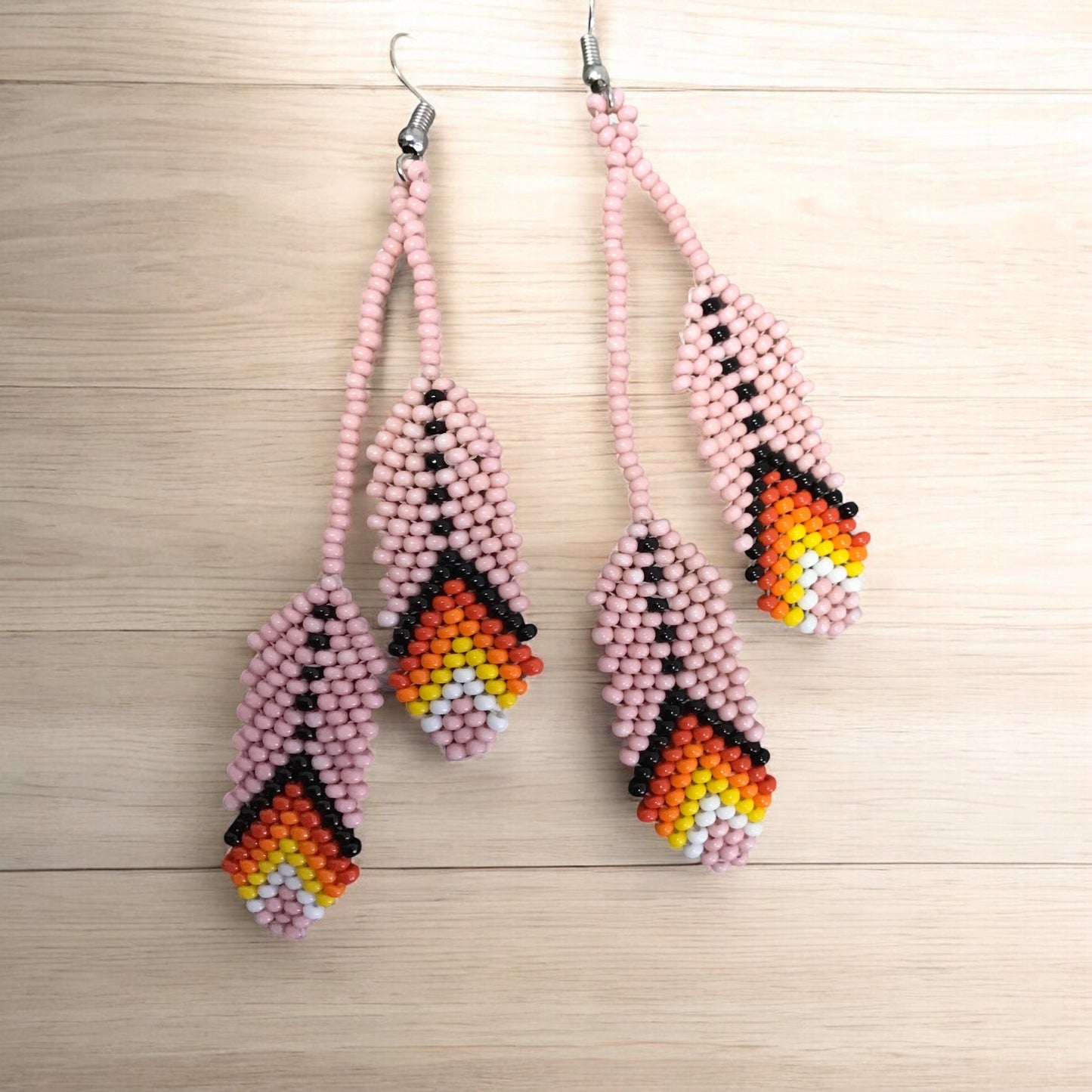 OldTribes™ lights pink Beaded Feather Earrings