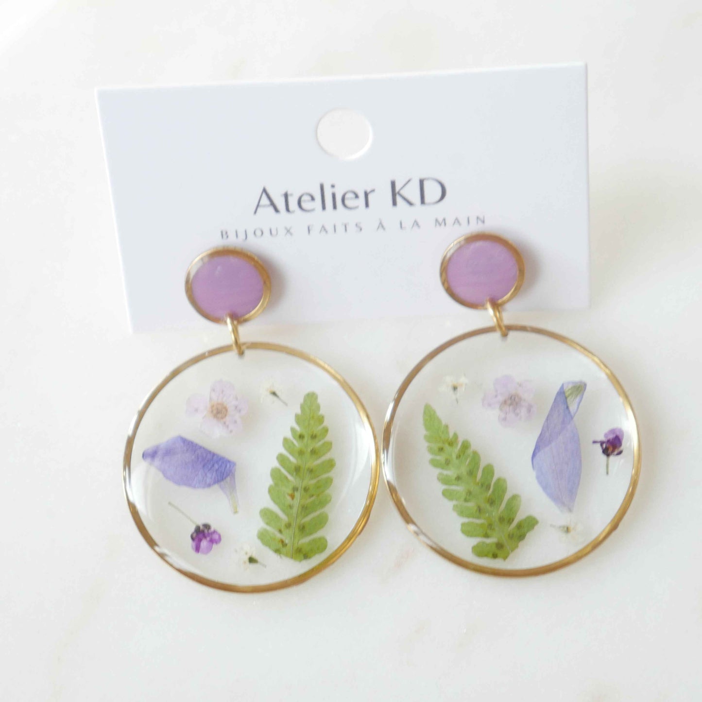 Boucles d'oreilles duo - les Violettes et la fougère - rond (XL 35mm)