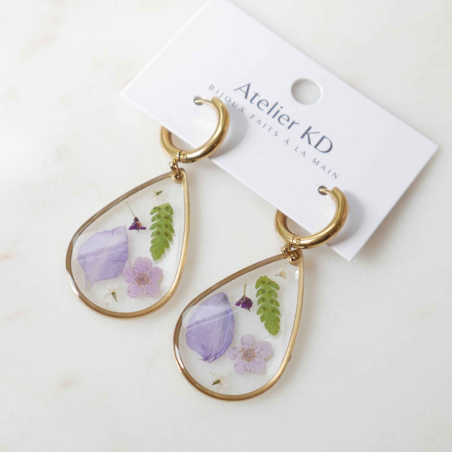 Boucles d'oreilles - les Violettes et la fougère - goutte (XL 32mm)