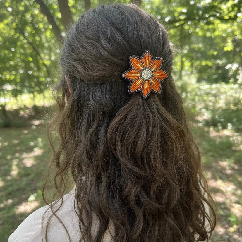 Orange Beaded Flower Barrette