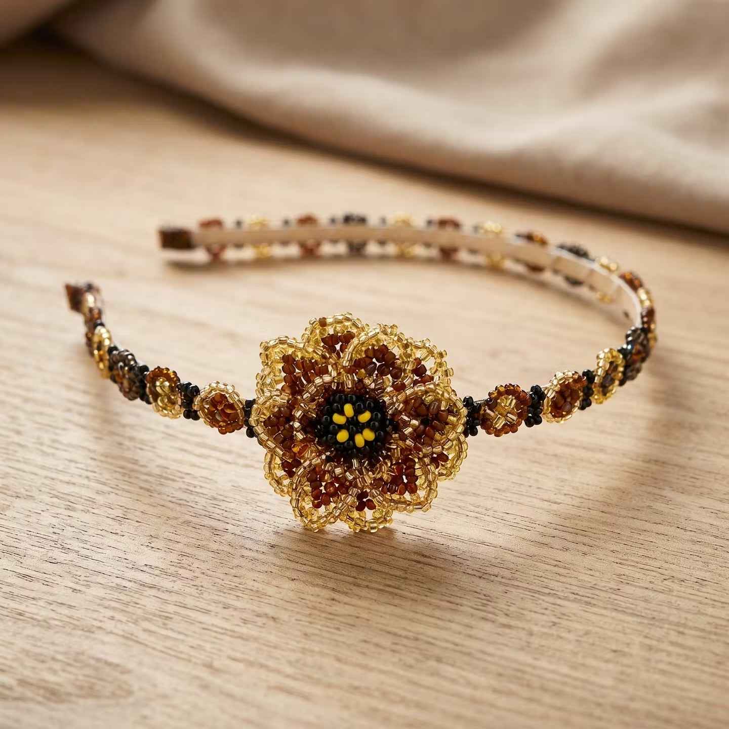 Beaded Headband with Flower Brown