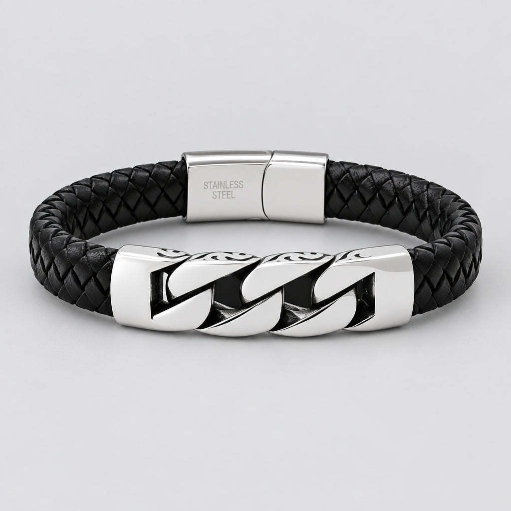 Men’s Stainless Steel & Black Braided Leather Greek Motif Biker Bracelet