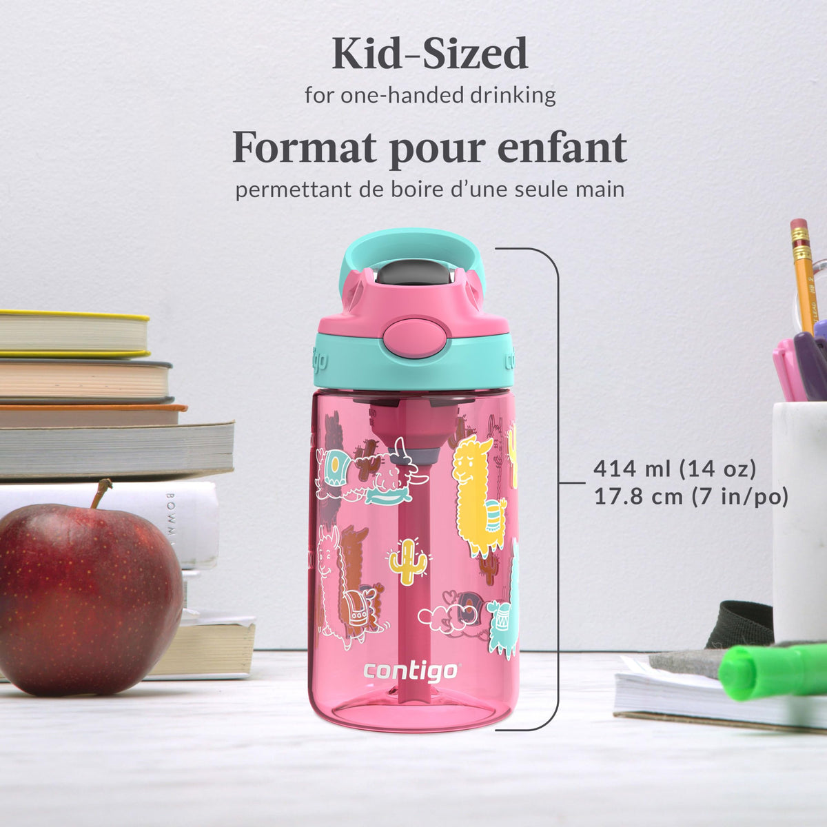 Contigo Kids Aubrey Straw Water Bottle with Leak-Proof Lid, BPA-Free Plastic, Dishwasher Safe, Azalea Jade Llama, 14 oz (414 mL) 🍁 All In One Marketplace Canada