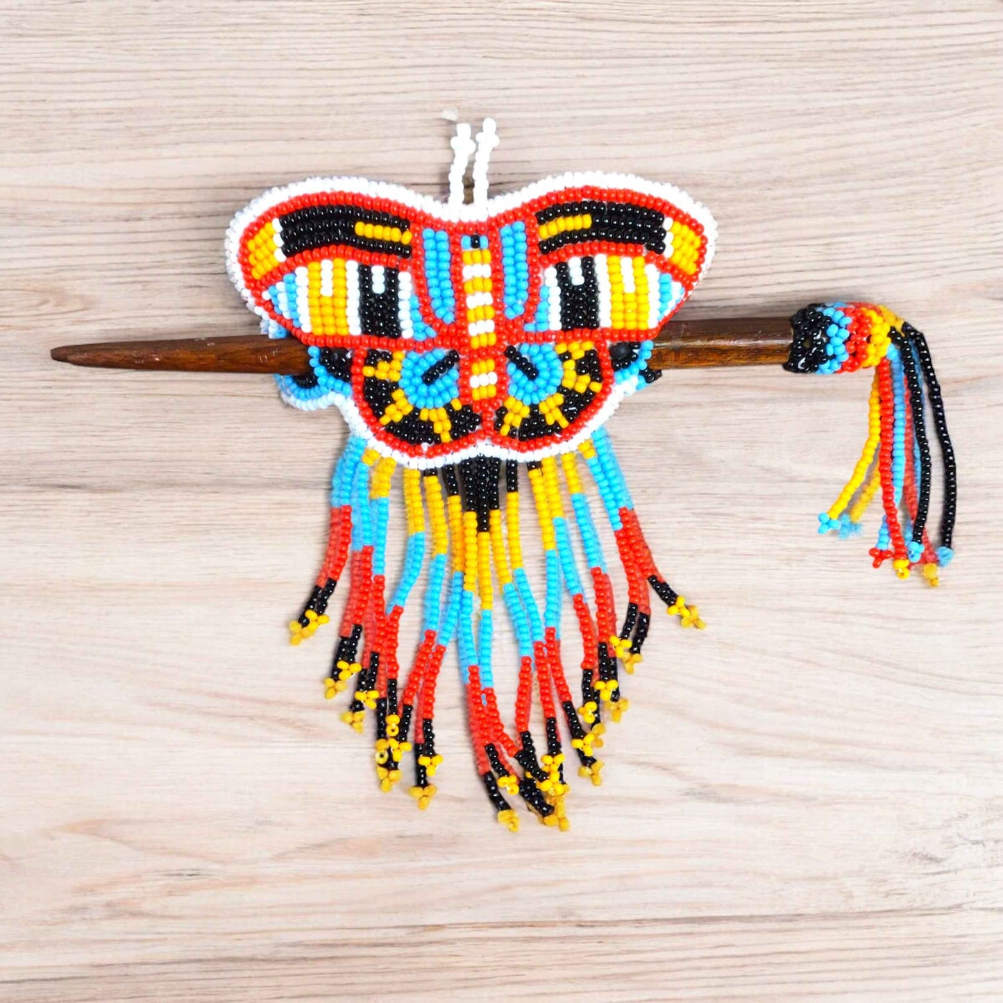 Red and Yellow Wooden Stick Butterfly Beaded Barrette with Fringes