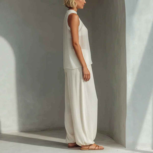 Sheer Round-neck Sleeveless Tank Top And Drawstring Wide-leg Pants Set