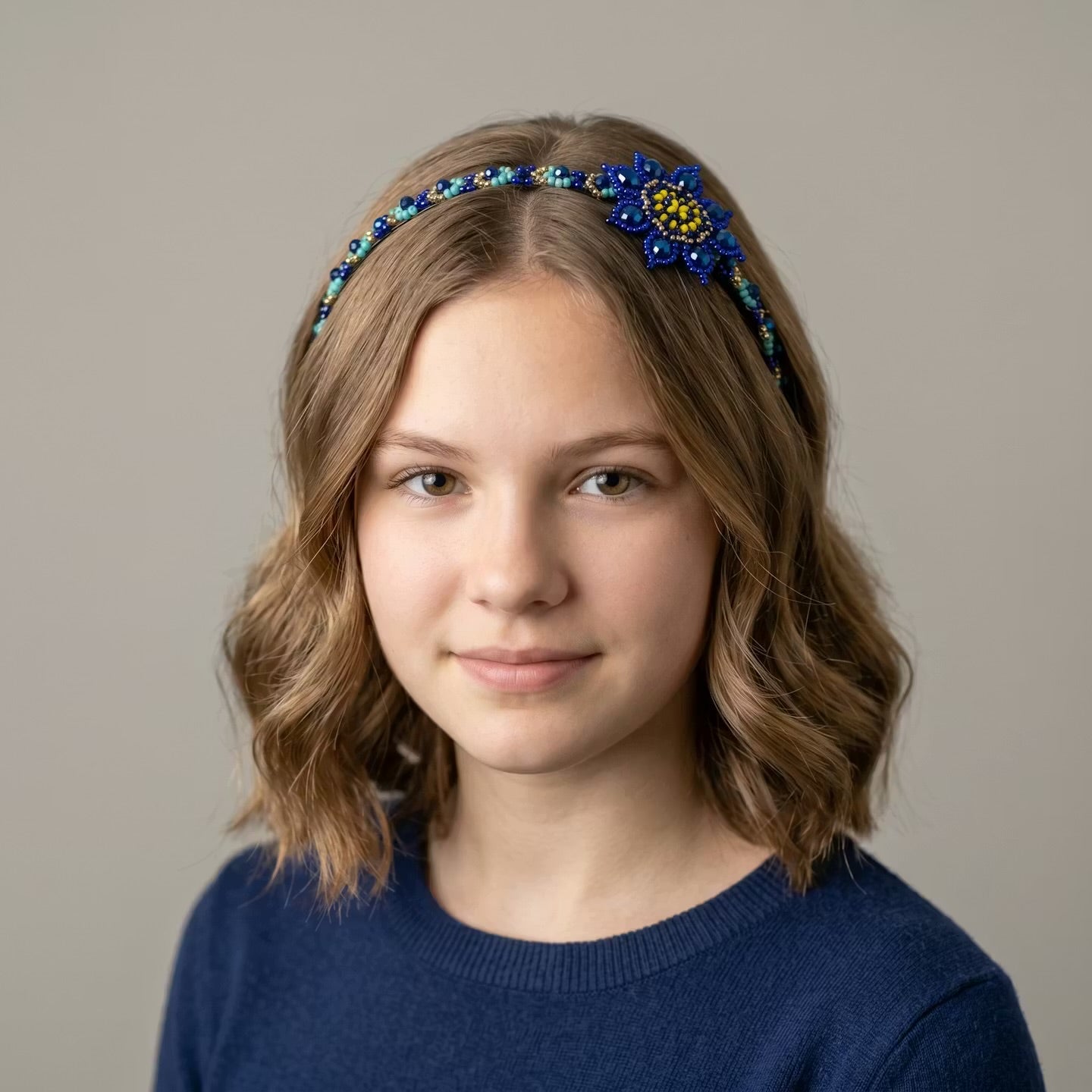 Beaded Headband with Flower Blue