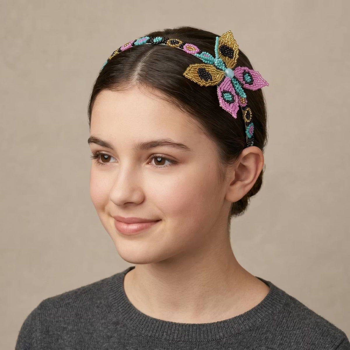 Beaded Headband with Butterfly Pink