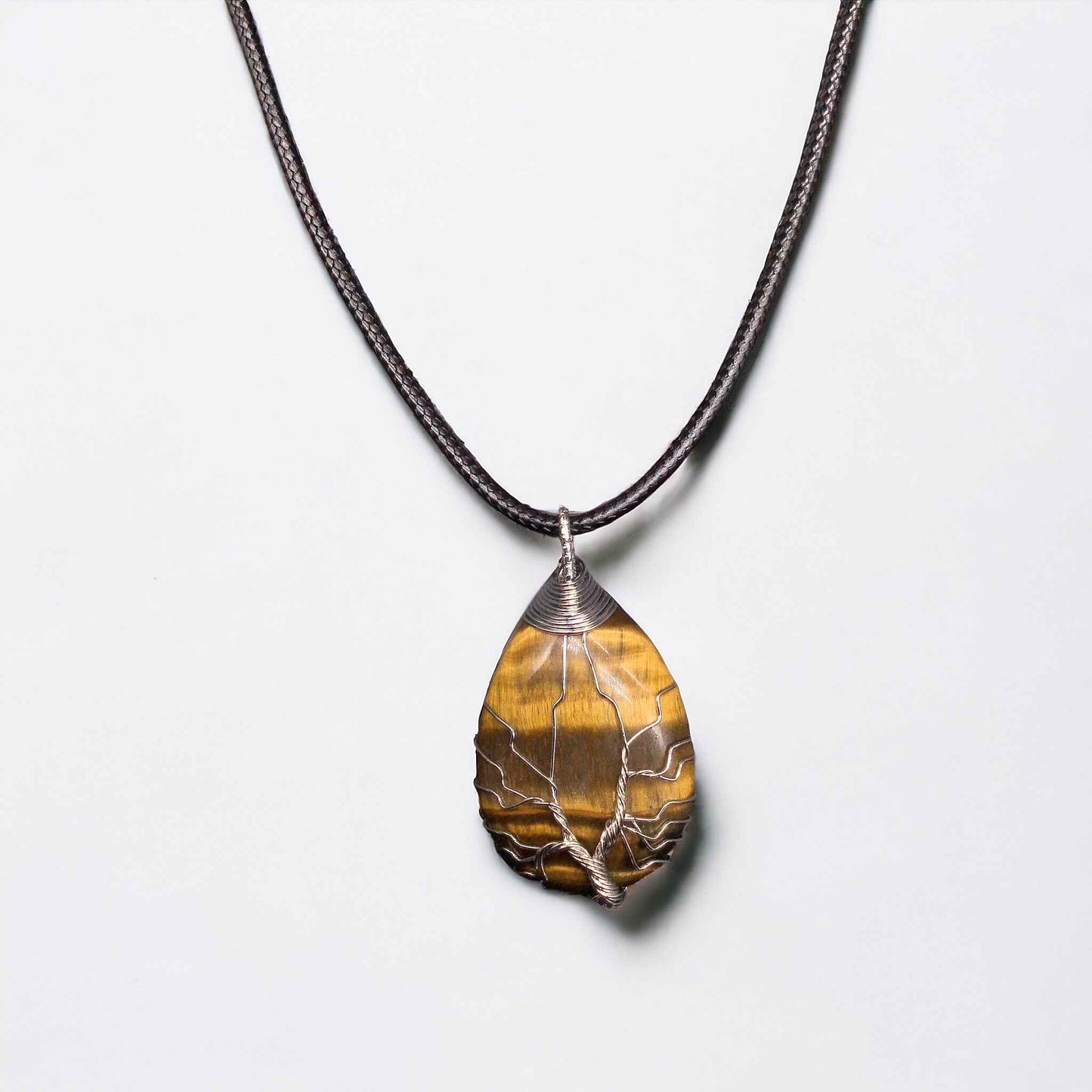 Yellow golden tiger eyes Gemstone Pendant Wrapped w/ Silver Tree of Life
