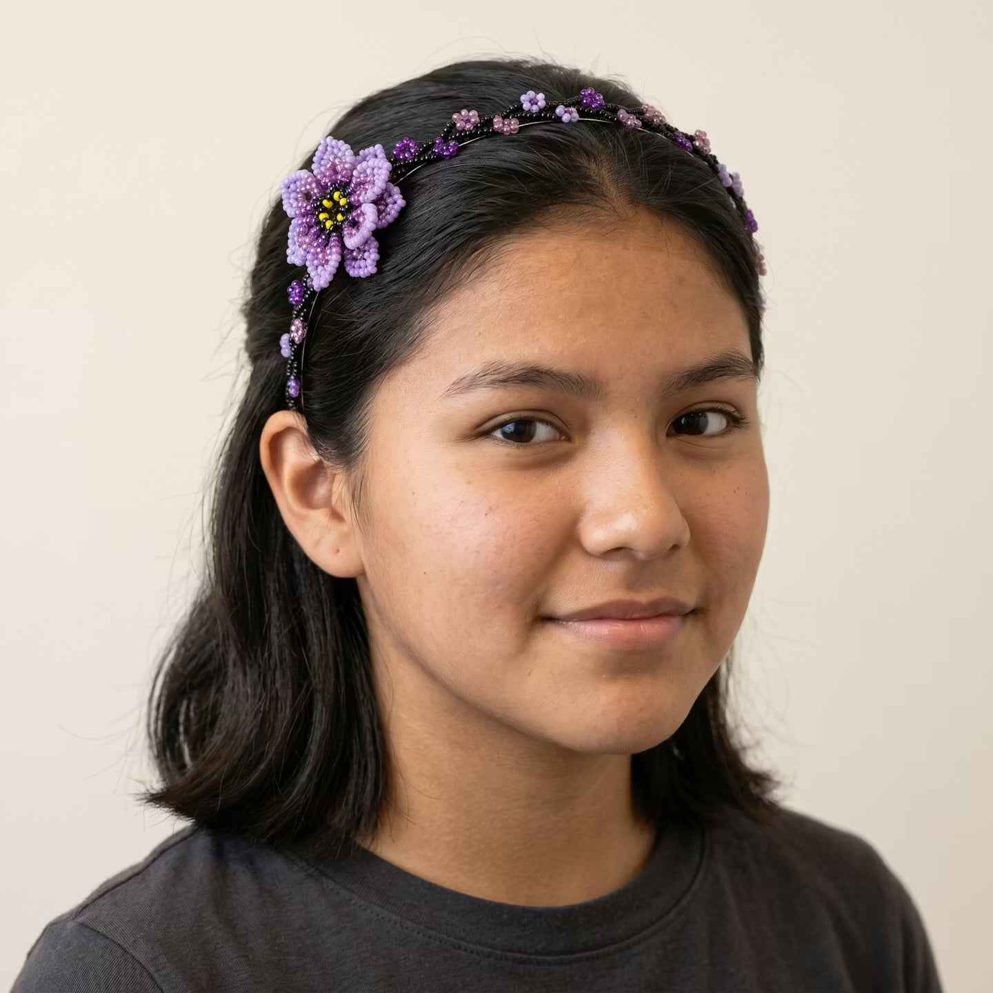 Beaded Headband with Flower Purple