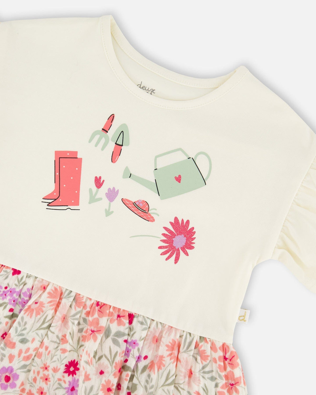 Organic Cotton Bi-Material Tunic Beige Flowers Print