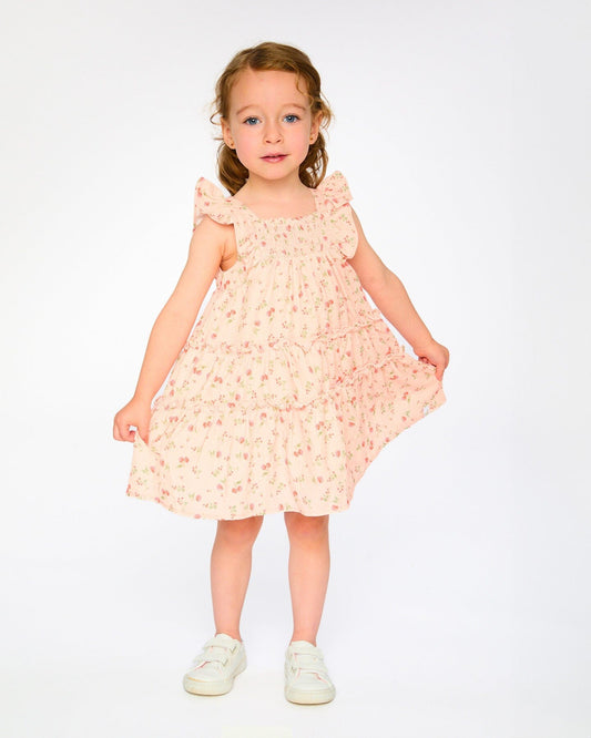 Multi-Tiered Dress With Smocking Pink Printed Flowers