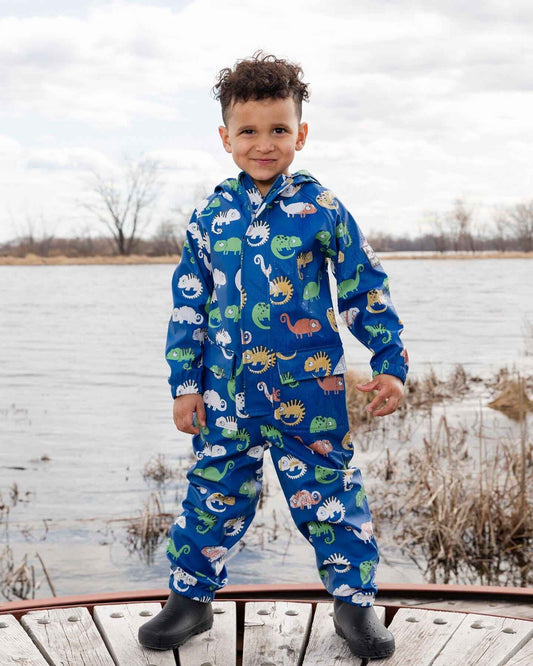 Blue rain jumpsuit with color-changing chameleon print
