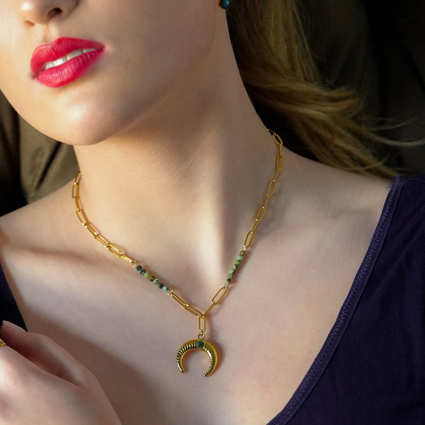 LILLE: Boho-Chic African Turquoise Natural Stone Crescent Moon Pendant Gold Necklace