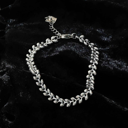 MAGDA Silver (White Gold): Leafy Patterned Bold Bracelet