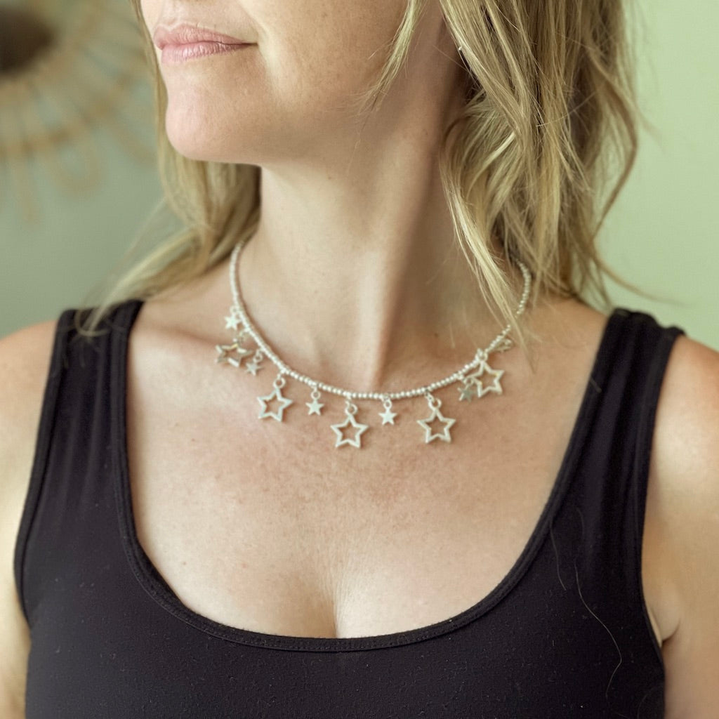 Silver Plate Short Charm Necklace With Drop Stars