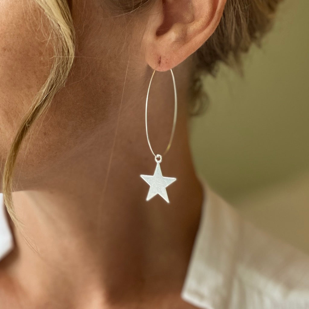 Silver Plate Star On Hoop Earrings