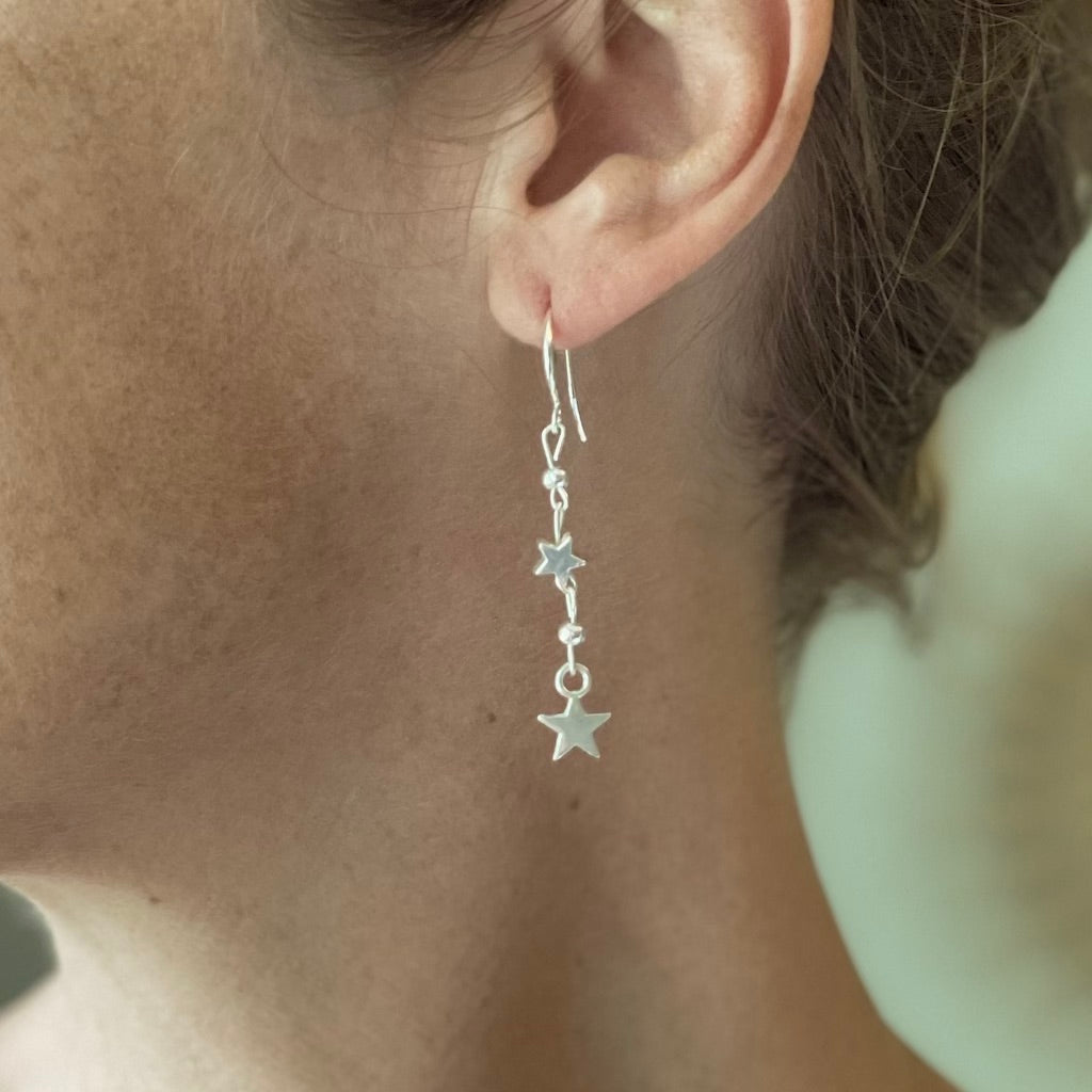 Silver Plate Double Drop Star Charm Earrings