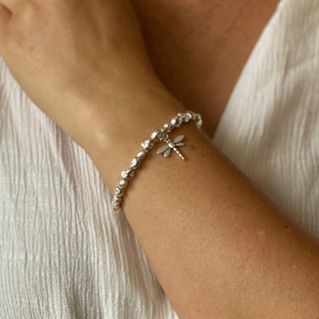 Dragonfly Charm Nugget Bracelet in Silver Plate