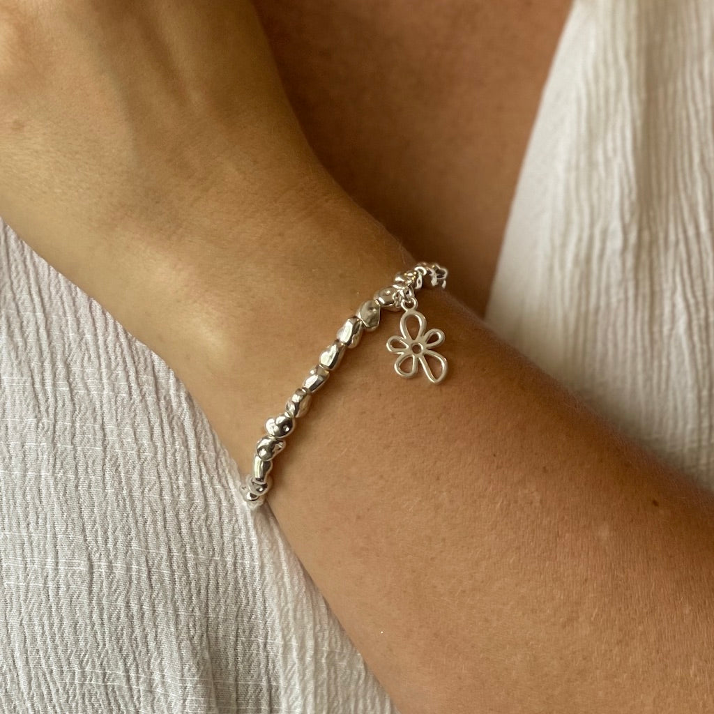 Flower Charm Nugget Bracelet in Silver Plate