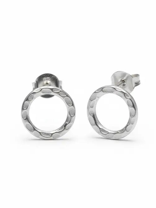 Beaten Circle Silver Plate Stud Earrings
