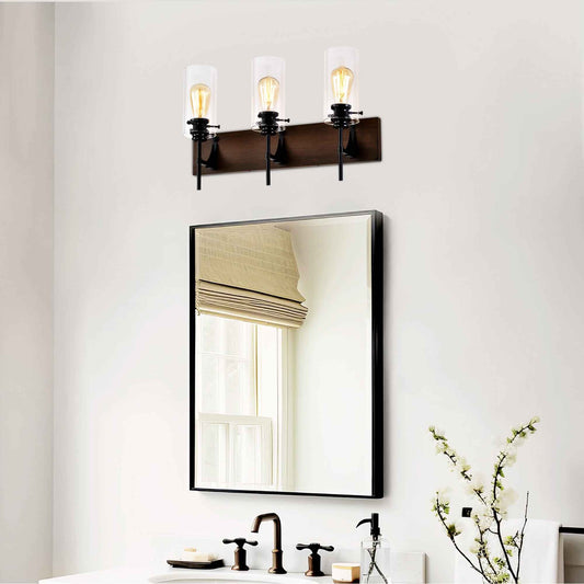 3-Light Matte Black Vanity Light with Wood Accent and Glass Shades (United States Delivery Only)