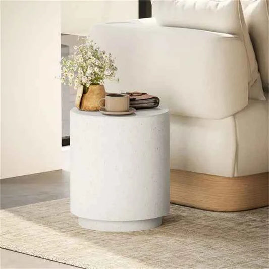 Cream White Imitation Terrazzo Drum Side Table for Living Room (United States Delivery Only)