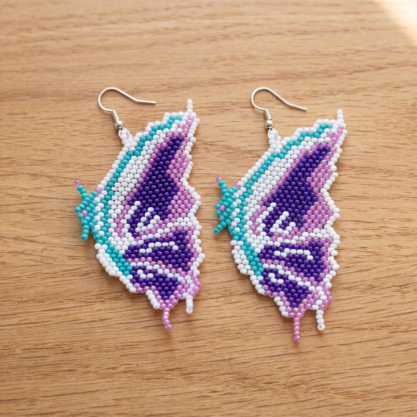 Butterfly Wing Beaded Dangle Earrings — Purple, Gold & Pink