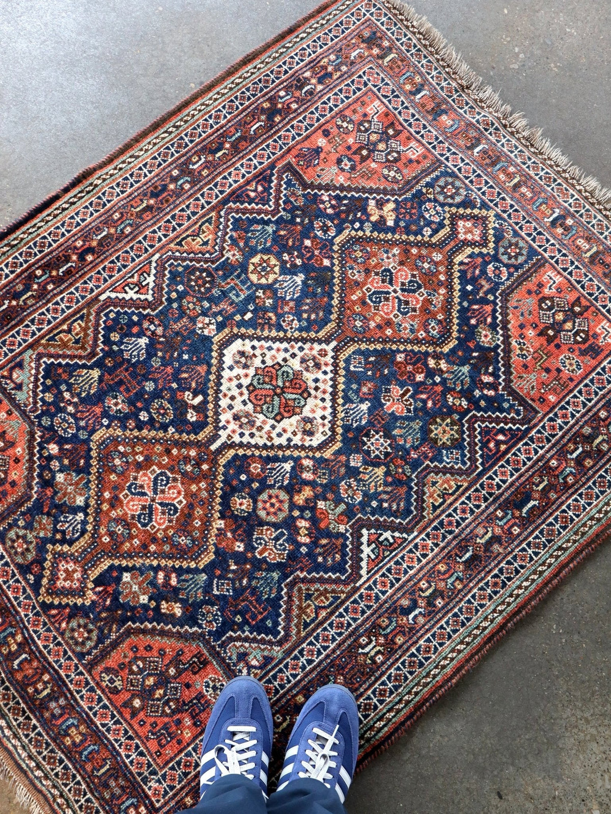 Qashqai Rug — Indigo Field & Jewel-Tone Diamonds | 4' × 5'1"