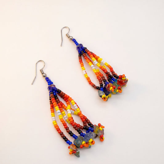 Dark Blue Six-Strand Beaded Cascade Earrings