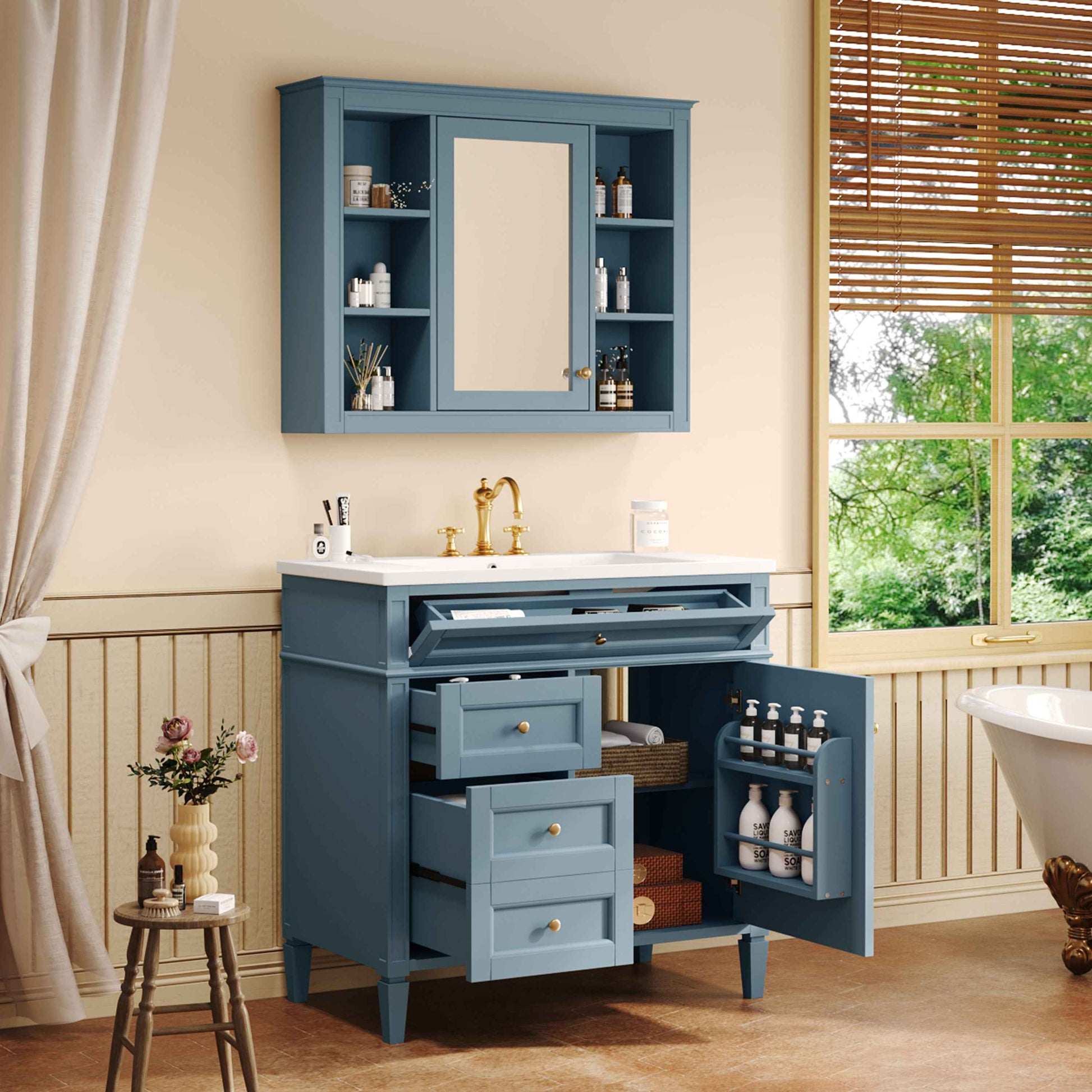 36-Inch Indigo Blue Bathroom Vanity with Medicine Cabinet – Modern Single Sink Vanity with Soft-Close Doors