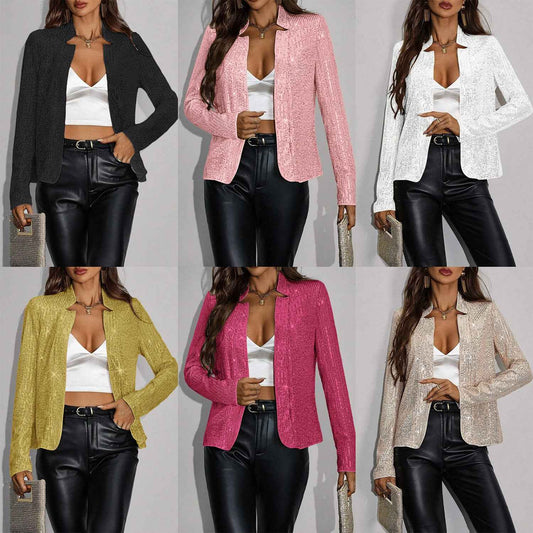 Women's Stand-Collar Cropped Sequin Jacket