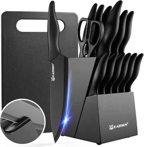 16-Piece Kitchen Knife Set with Block & Cutting Board – German Stainless Steel Knives with Sharpener & 6 Steak Knives (Deliver to United States Only)