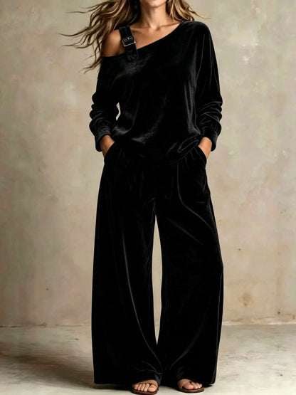 Women’s Velvet Two-Piece Set – Elegant Off-Shoulder Long-Sleeve Top & Full-Length Pants