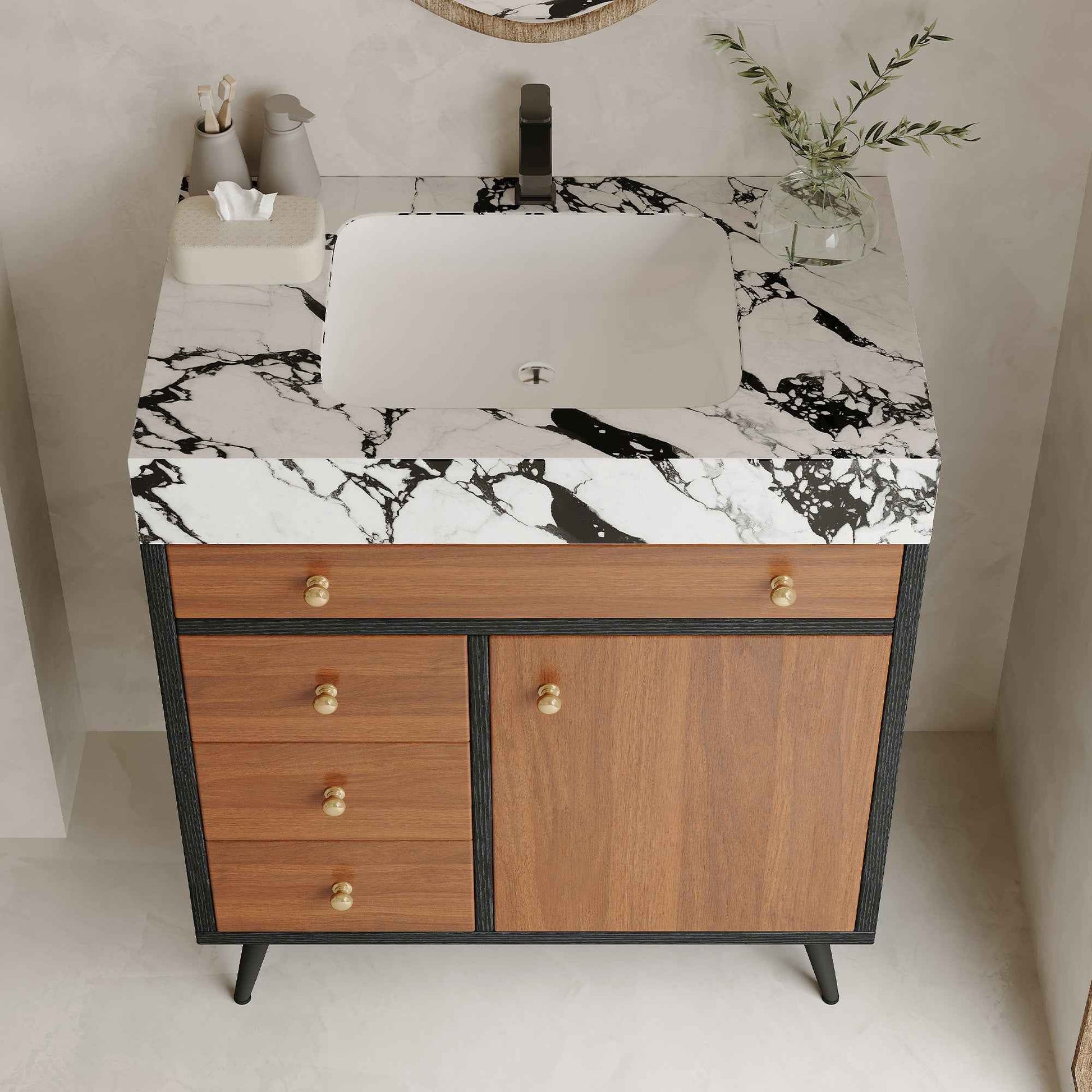 30" Modern Freestanding Bathroom Vanity with Ceramic Sink & Sintered Stone Top – Soft Close Storage Cabinet
