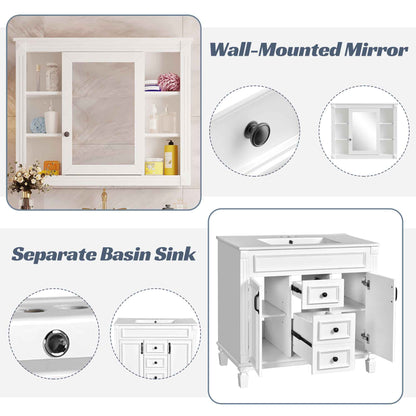 36-Inch White Bathroom Vanity with Sink & Mirror Cabinet – Modern Storage Vanity with Soft-Close Doors