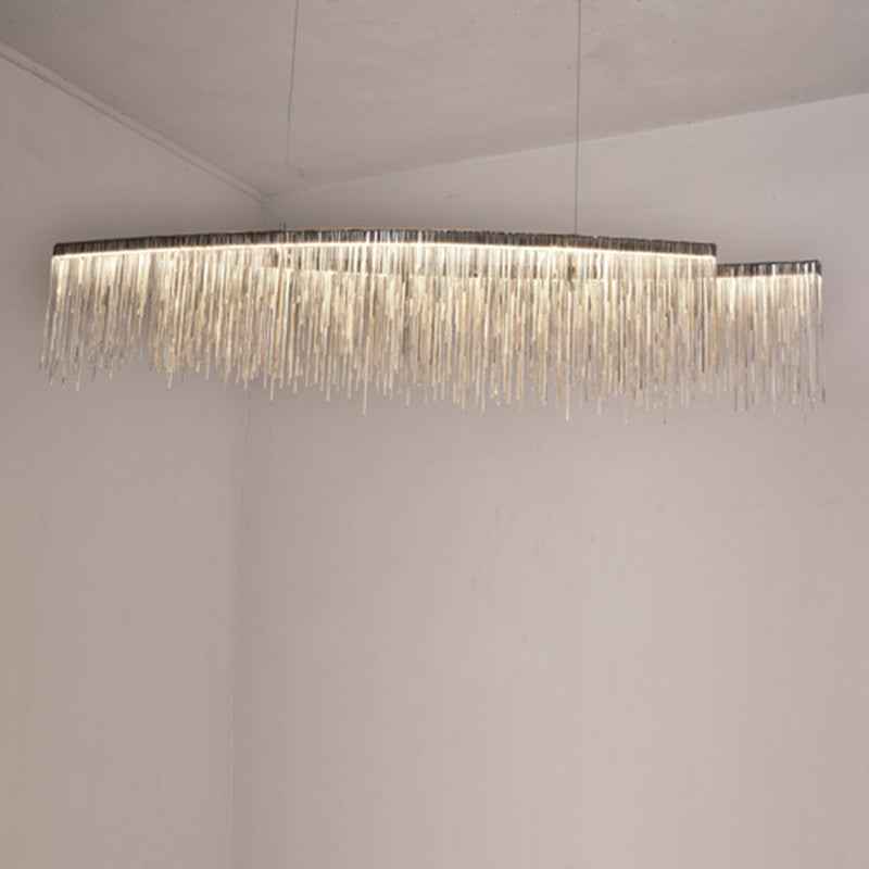 Personalized Minimalist Chandelier – Modern Silver Aluminum Pendant Light with Tassel Design for Dining & Living Room