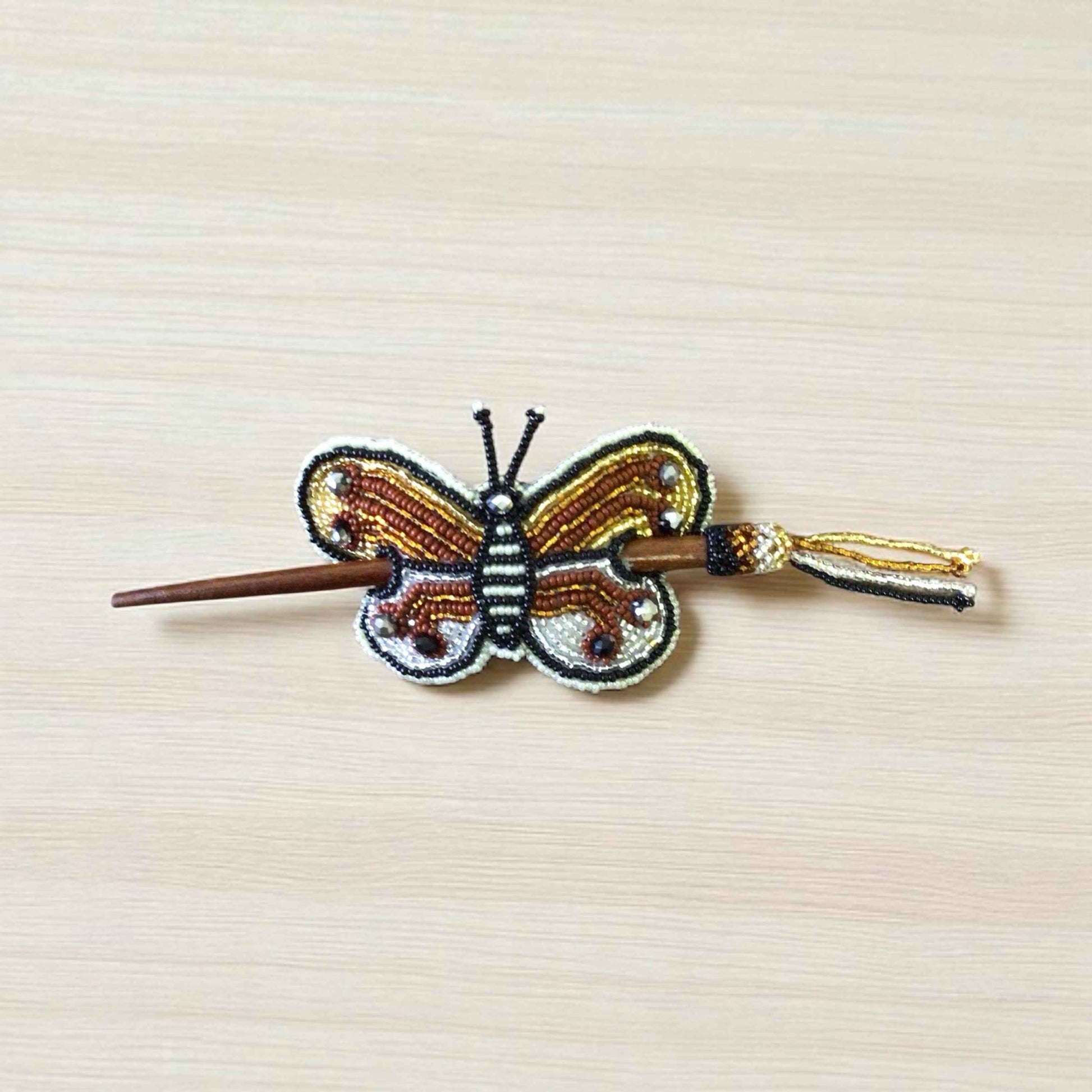 White black Handmade Beaded Butterfly Barrete