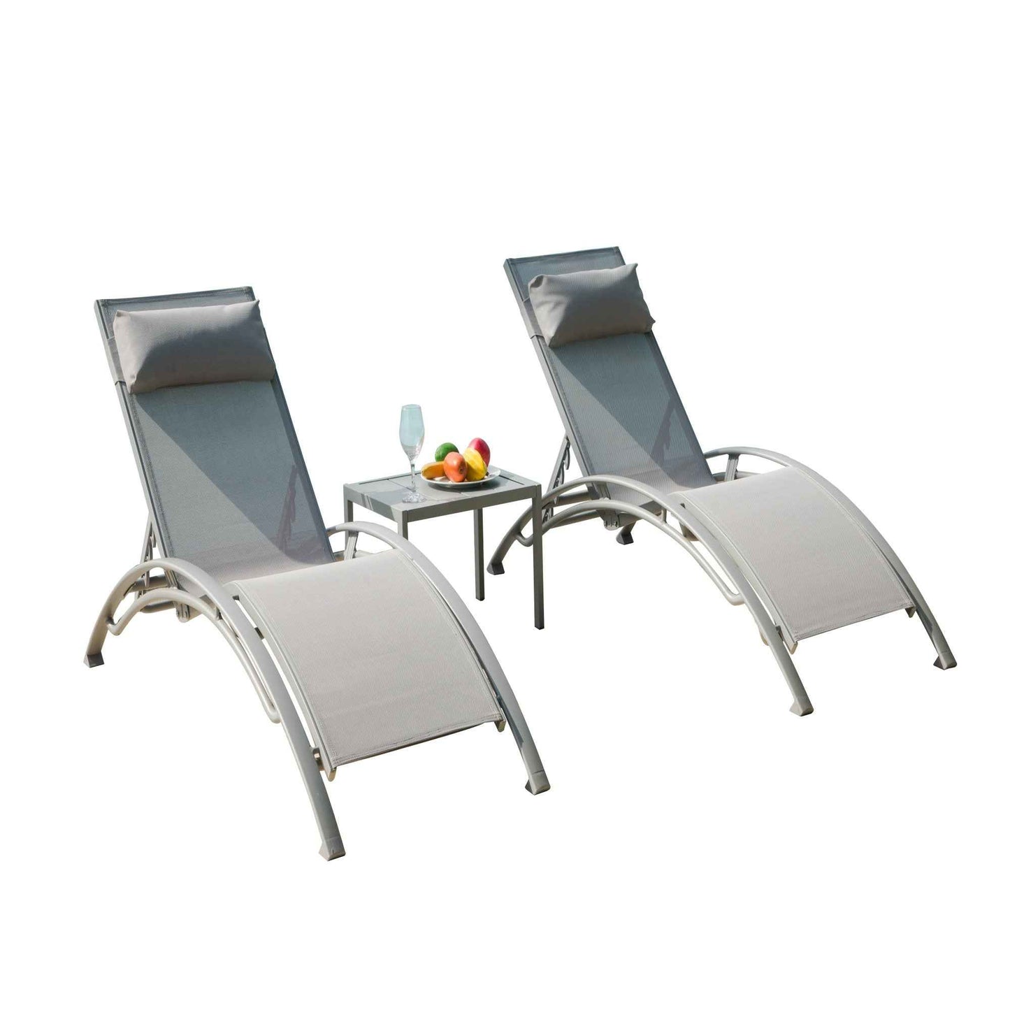 Pool Lounge Chairs Set of 3 – 2 Adjustable Aluminum Chaise Loungers with Side Table, Gray Outdoor Patio Furniture (Deliver to United States Only)