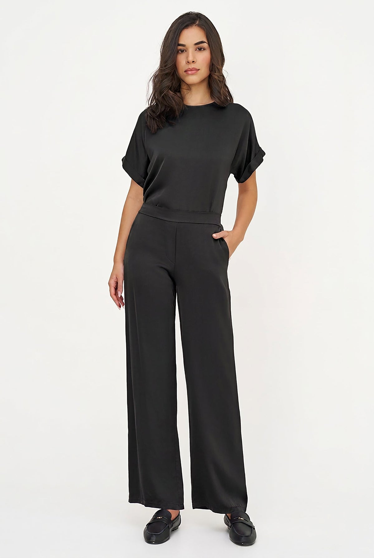 Women's Woven Crew-Neck Top, Short Cuffed Sleeves & Back Button